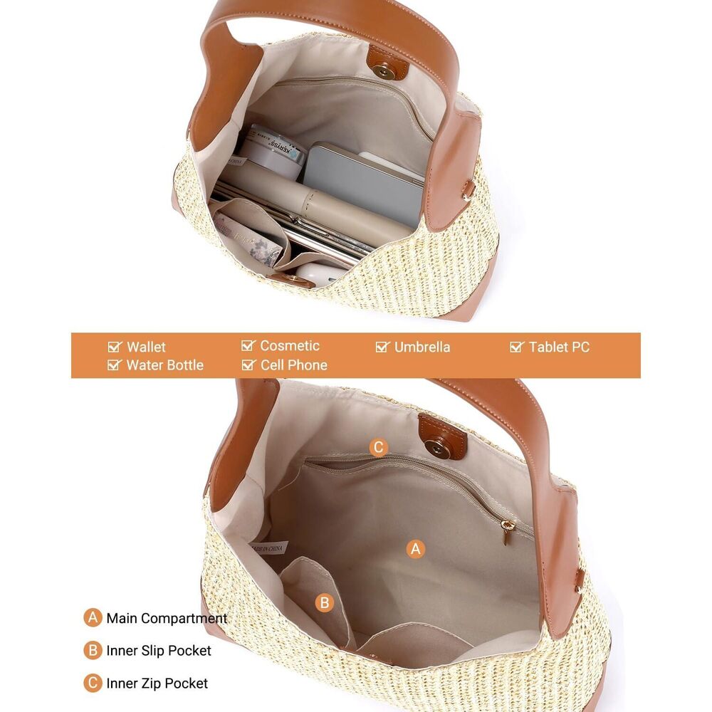 Woven Straw Hobo Tote Bag for Women Brown - Picture 7 of 8